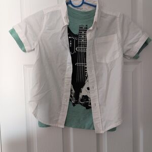 Place White and Green Button Down Shirt with Guitar Design